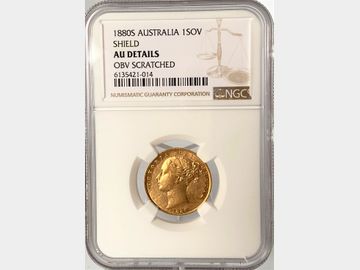 1880 VICTORIA YOUNG HEAD SYDNEY MINT SHIELD GOLD SOVEREIGN AU DETAILS OBVERSE SCRATCHED