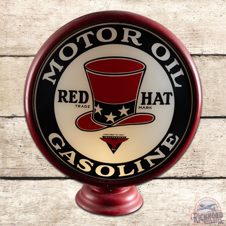 NOS Red Hat Motor Oil Gasoline Single 15" Lens w/ HP Metal Body Gas Pump Globe