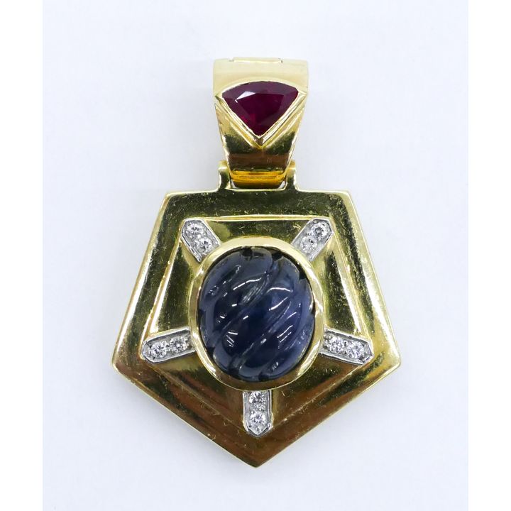 Modernist Sapphire, Ruby & Diamond 18k Pendant