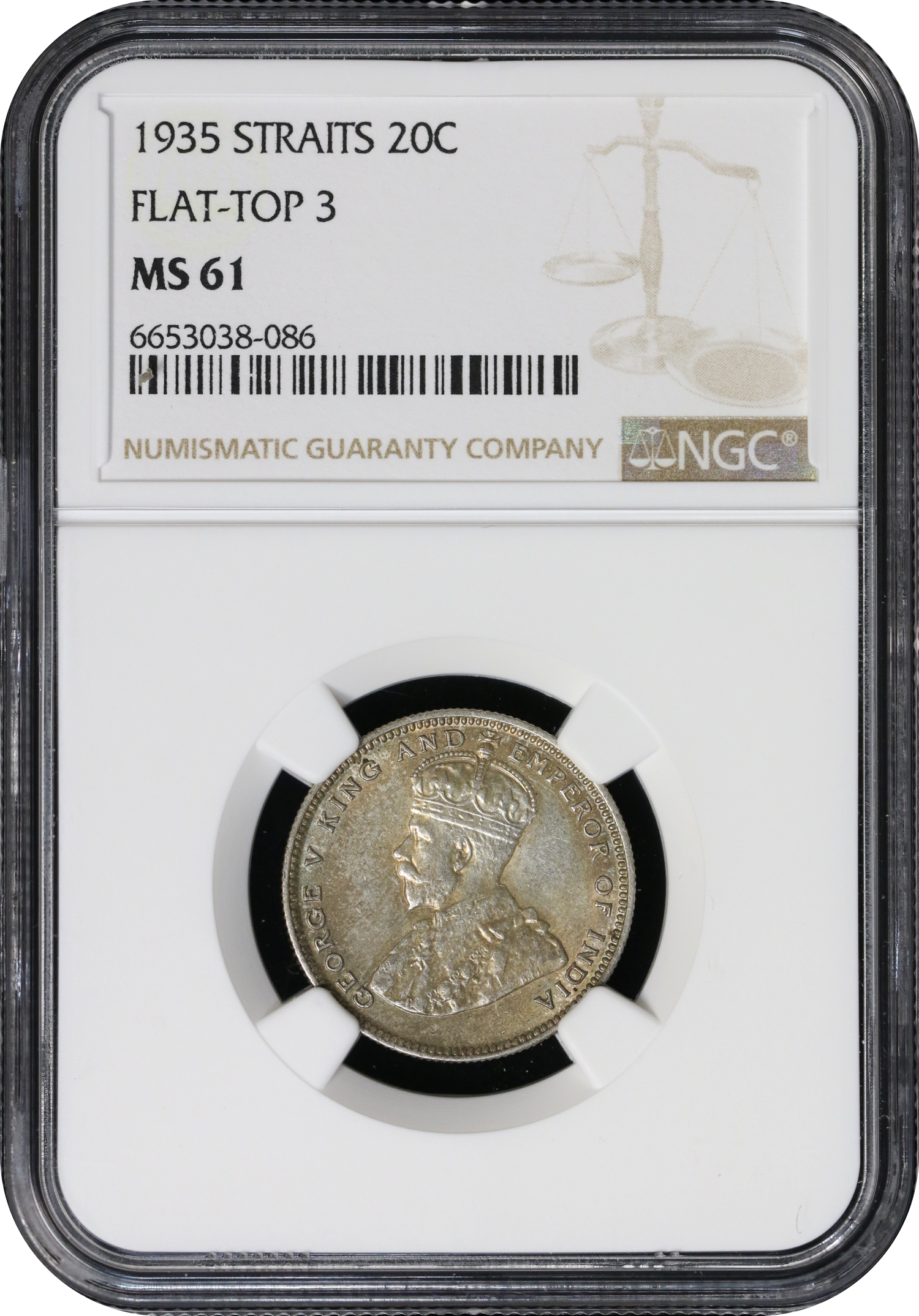 Straits Settlements 1935 KGV 20 Cents Flat-Top 3 NGC MS61