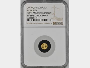 2017 ELIZABETH II '30th ANNIVERSARY PRIVY' BRITANNIA PROOF 1/40oz GOLD 50 PENCE COIN PF69 UCAM