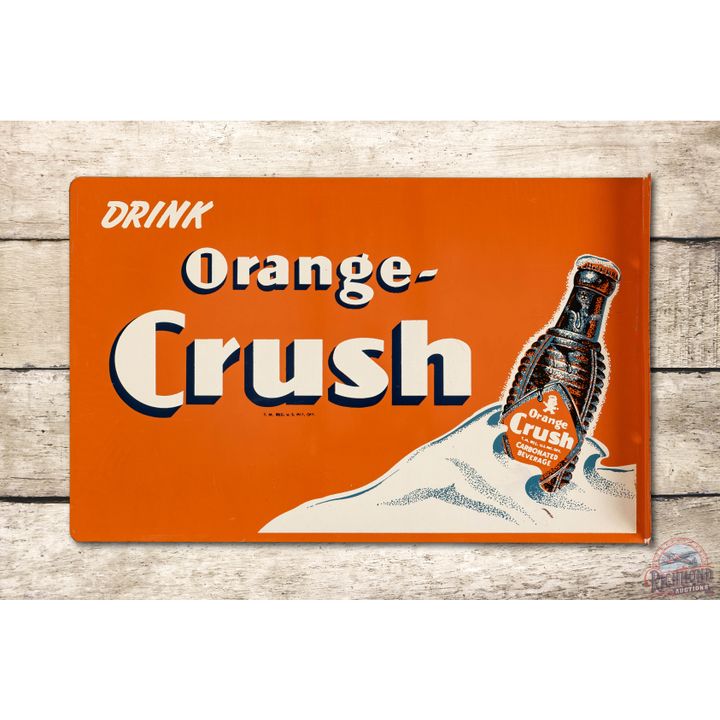 Drink Orange Crush w/ Krinkle Bottle Tin Flange Sign
