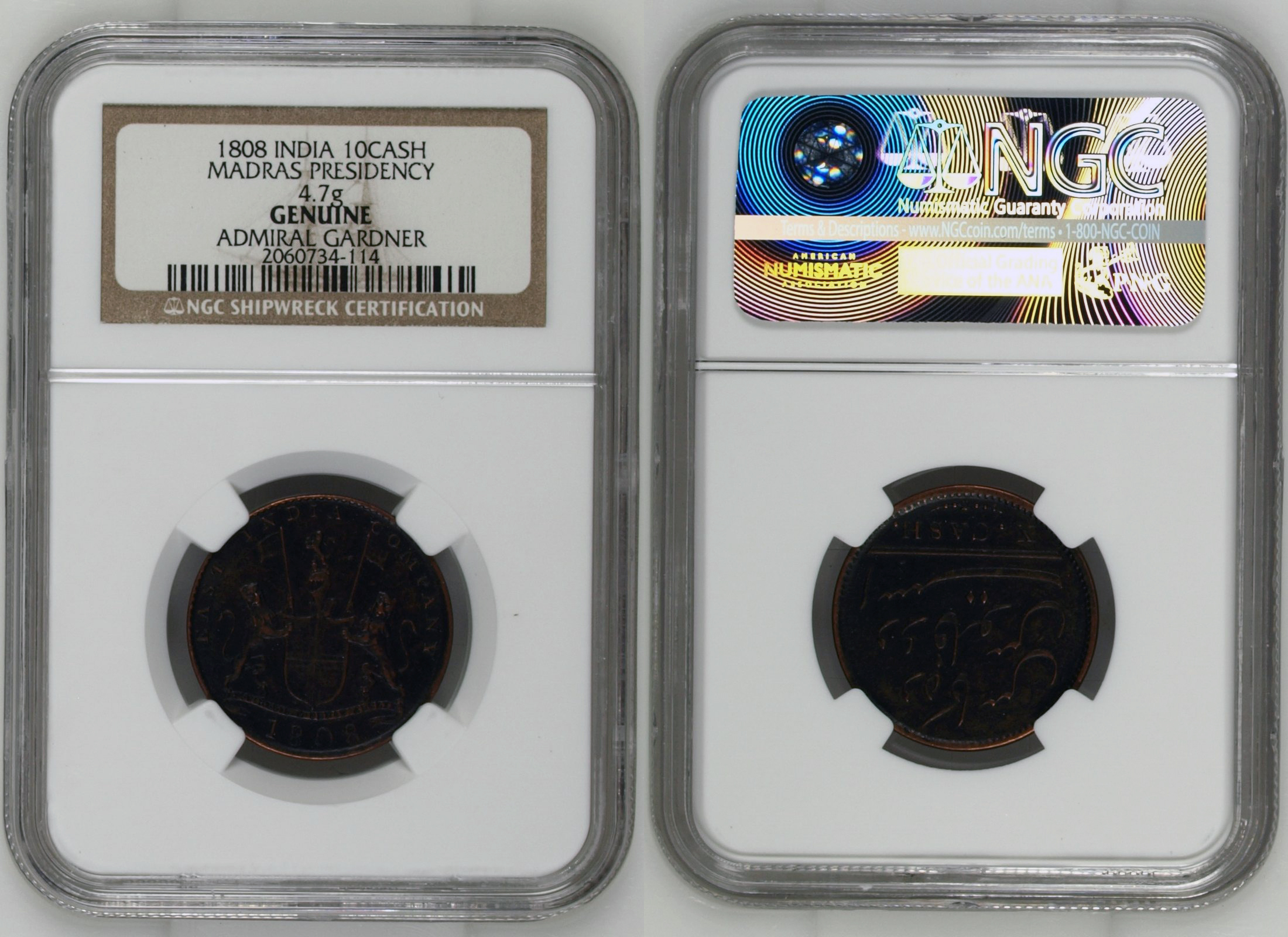 India, Madras Presidency, Ten Cash, 1808, NGC GENUINE