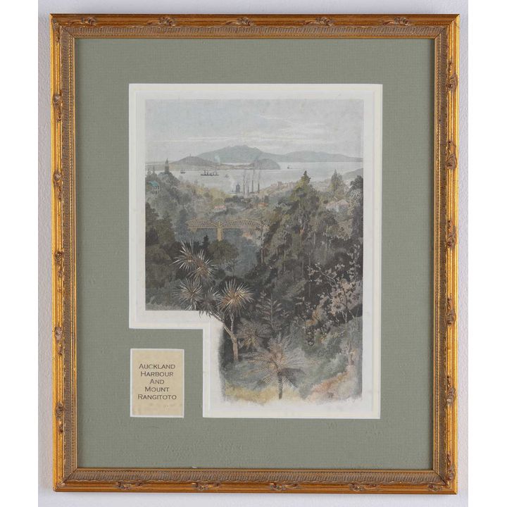 ENGRAVING - AUCKLAND - Grafton Bridge, Auckland Harbour, and Mount Rangitoto