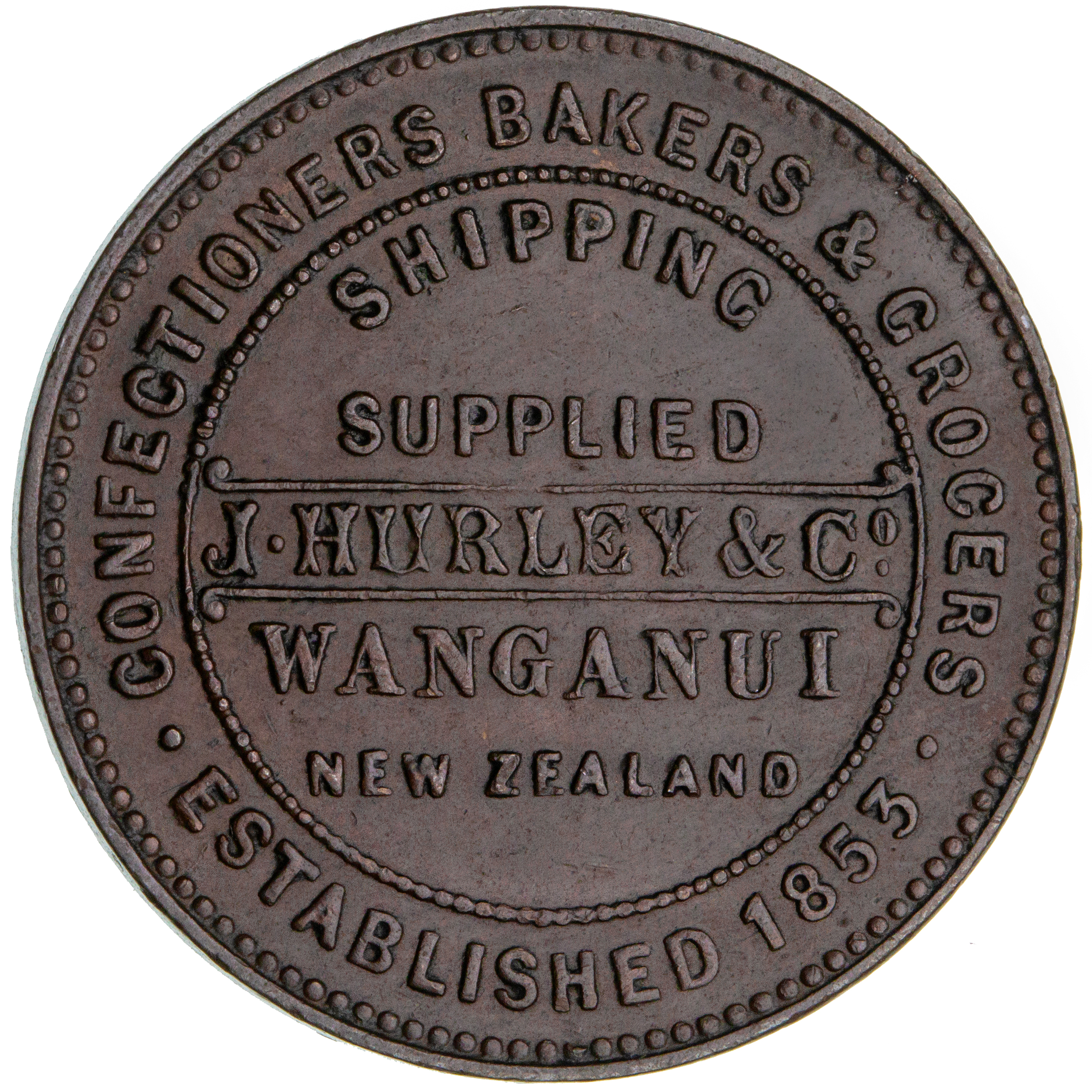 475 · Wanganui, New Zealand, J. Hurley & Co., Halfpenny, 1853, EF