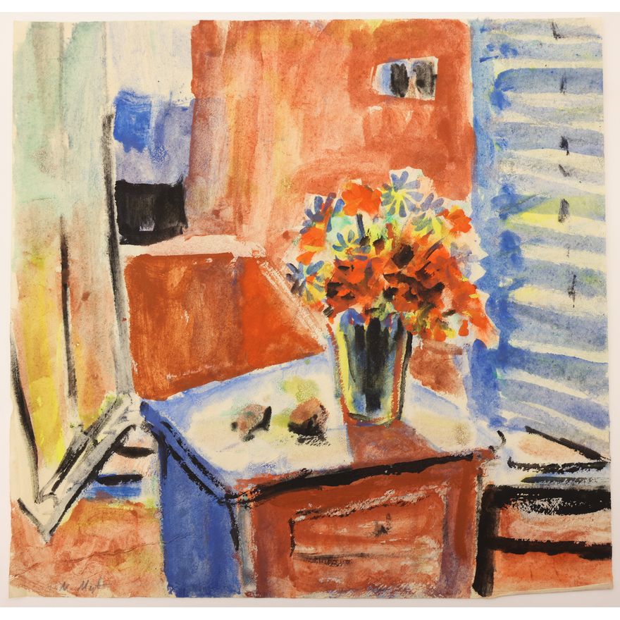 Neil Meitzler ''Room with Still Life'' 1950's Casein on Paper 12.5''x13''
