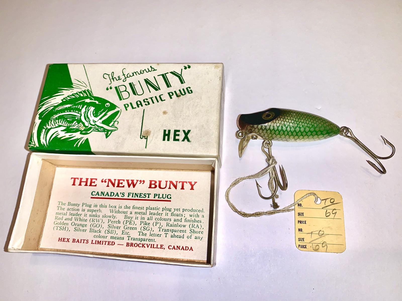 EARLY CANADIAN BOXED HEX BUNTY WITH PAPER INSERT