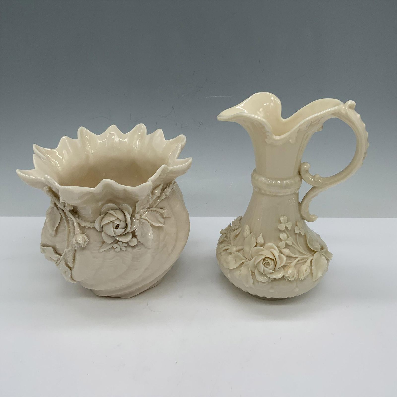 3pc Vintage Belleek Porcelain Floral Ceramics Set Lion and Unicorn