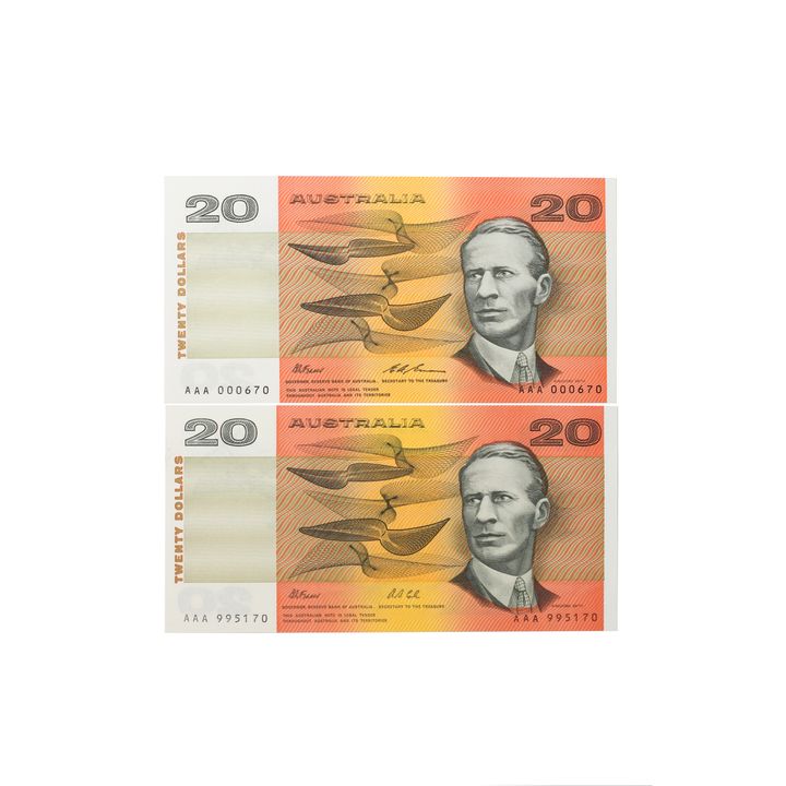 Consecutive Pair, Fraser/Cole, Twenty Dollars, 1991, UNC