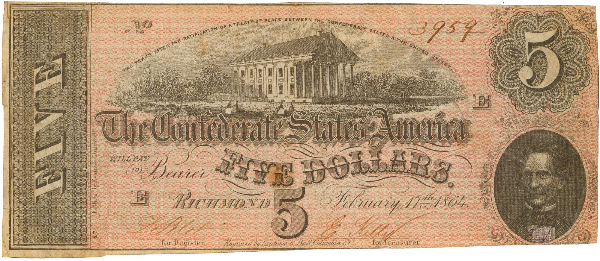 United States, The Confederate States America, Five Dollars, 1864, Fine