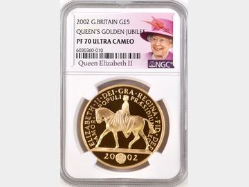 2002 ELIZABETH II 'GOLDEN JUBILEE' GOLD PROOF 5 POUND COIN PF70 UCAM