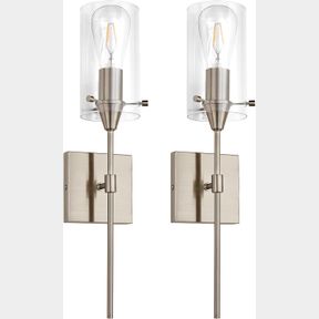 BRUSHED NICKEL WALL SCONCES SET OF 2, MODERN WALL SCONCE VANITY LIGHT FIXTURES WITH CLEAR GLASS, HARDWIRED WALL MOUNT LIGHTS BATHR
