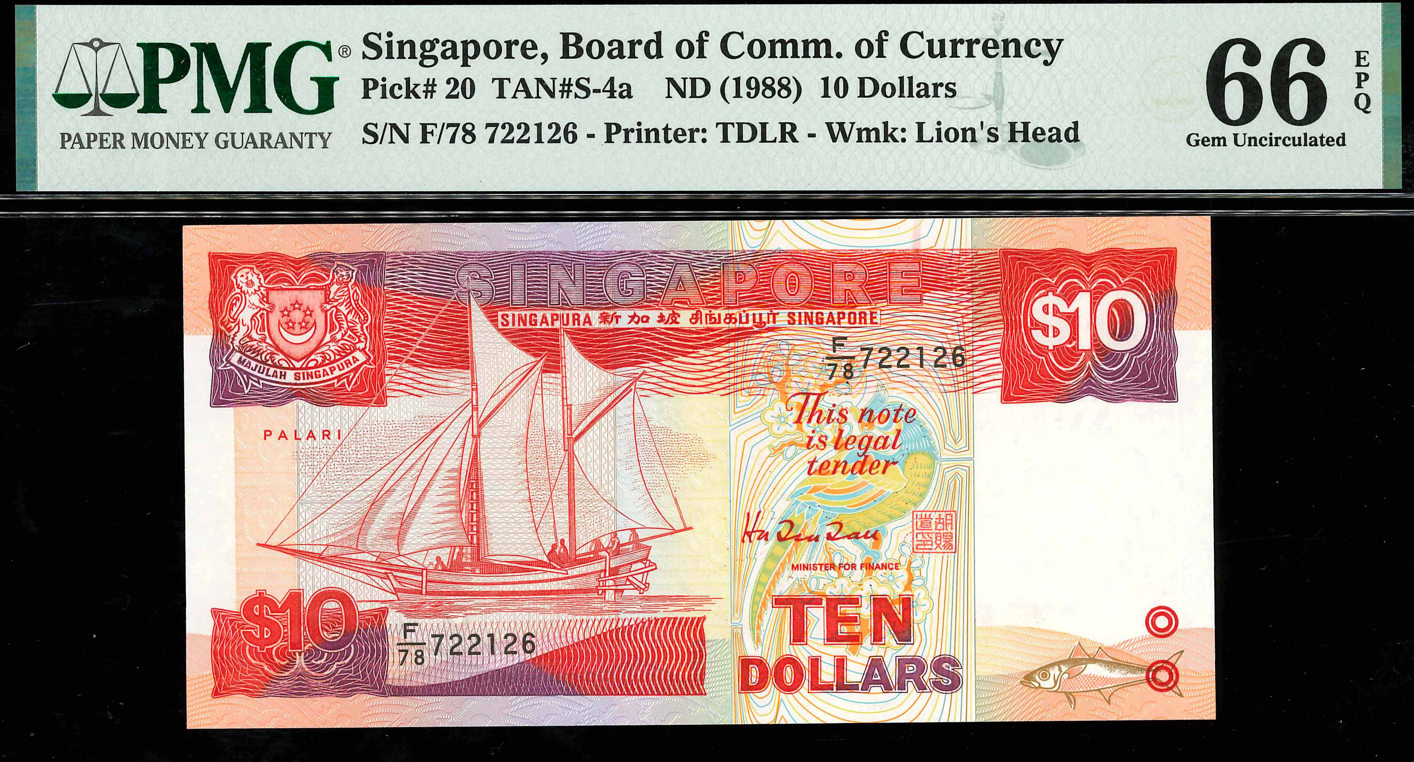 Singapore, 1988, 10 Dollars, P-20, S/N. F/78 722126, PMG 66EPQ 