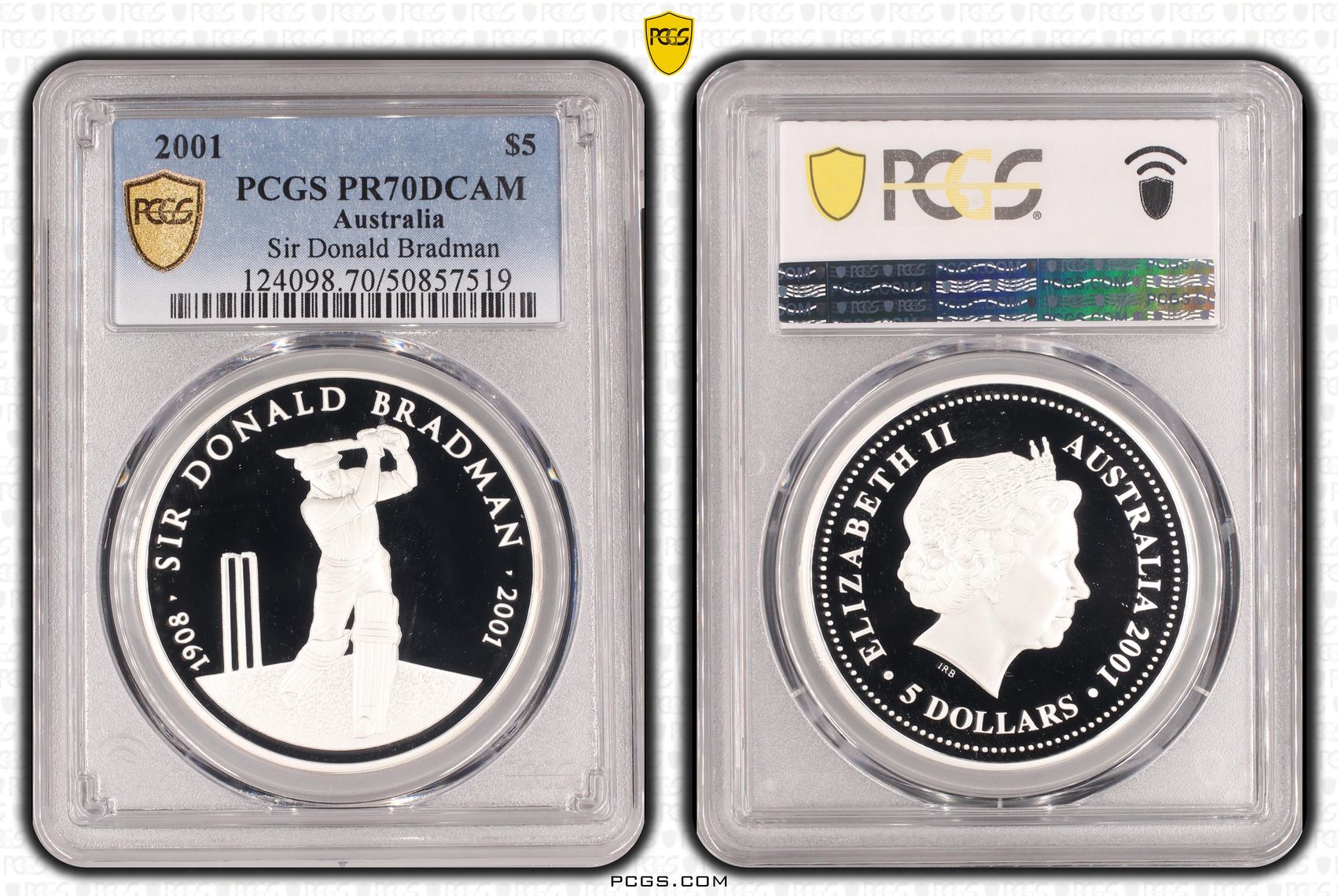 Sir Donald Bradman POP 7/0, Five Dollar, 2001, PCGS PR70DCAM