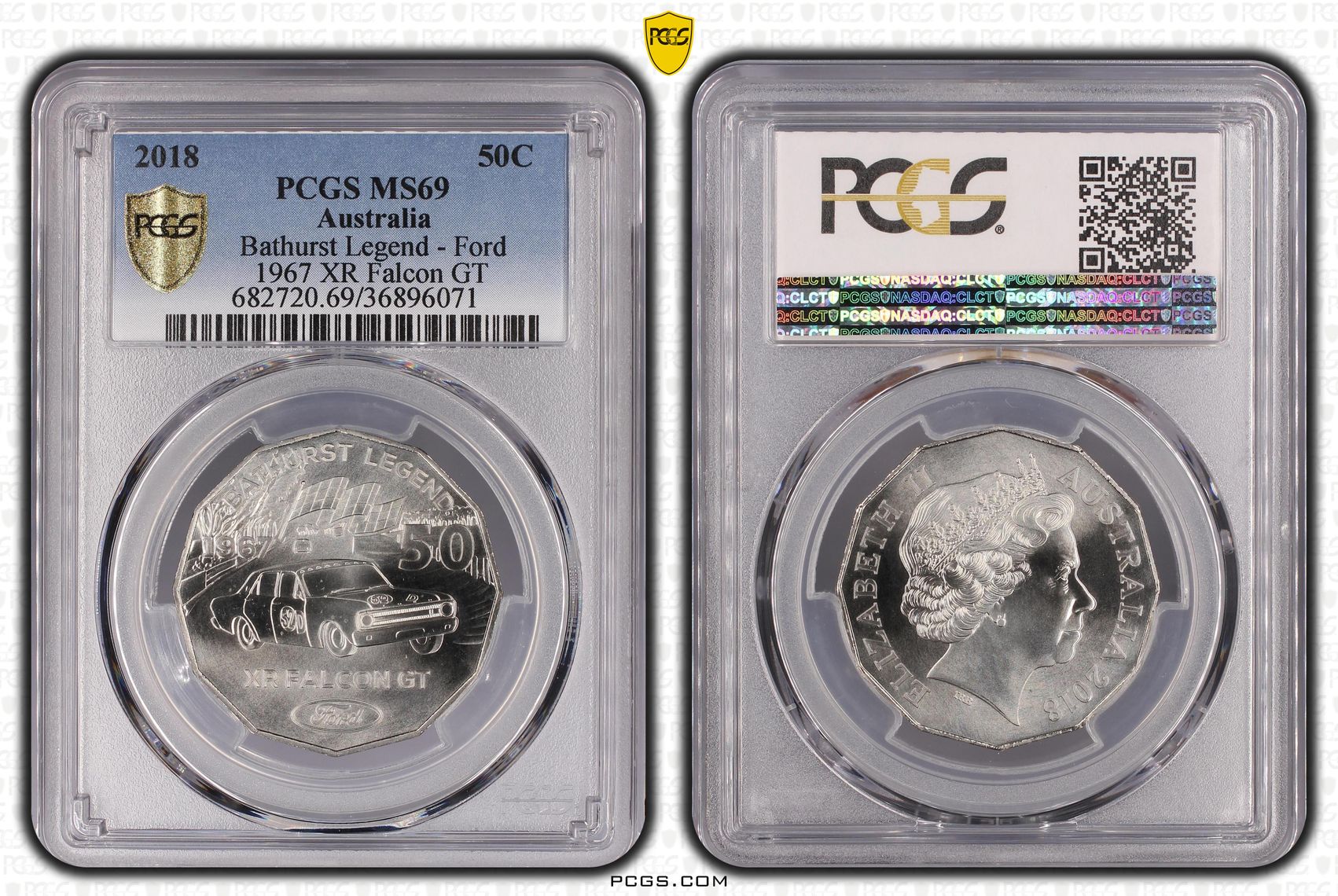 2018 Australia Fifty Cent, 50c Bathurst Legend - Ford 1967 XR Falcon GT PCGS - MS69 -071