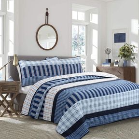 BENNETT PLAID STRIPE TARTAN 3-PIECE NAVY BLUE ORANGE COTTON QUEEN QUILT BEDDING SET