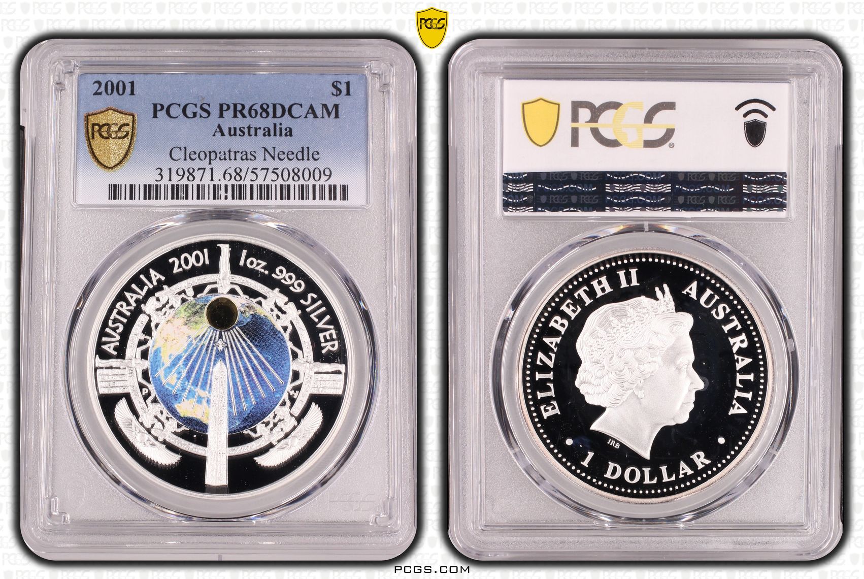 Elizabeth II, Cleopatras Needle KM-594 Colourised Silver, One Dollar, 2001-P, PCGS PR68DCAM