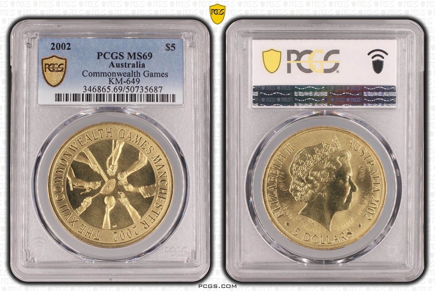 Commonwealth Games KM-649 POP 3/0, Five Dollar, 2002, PCGS MS69