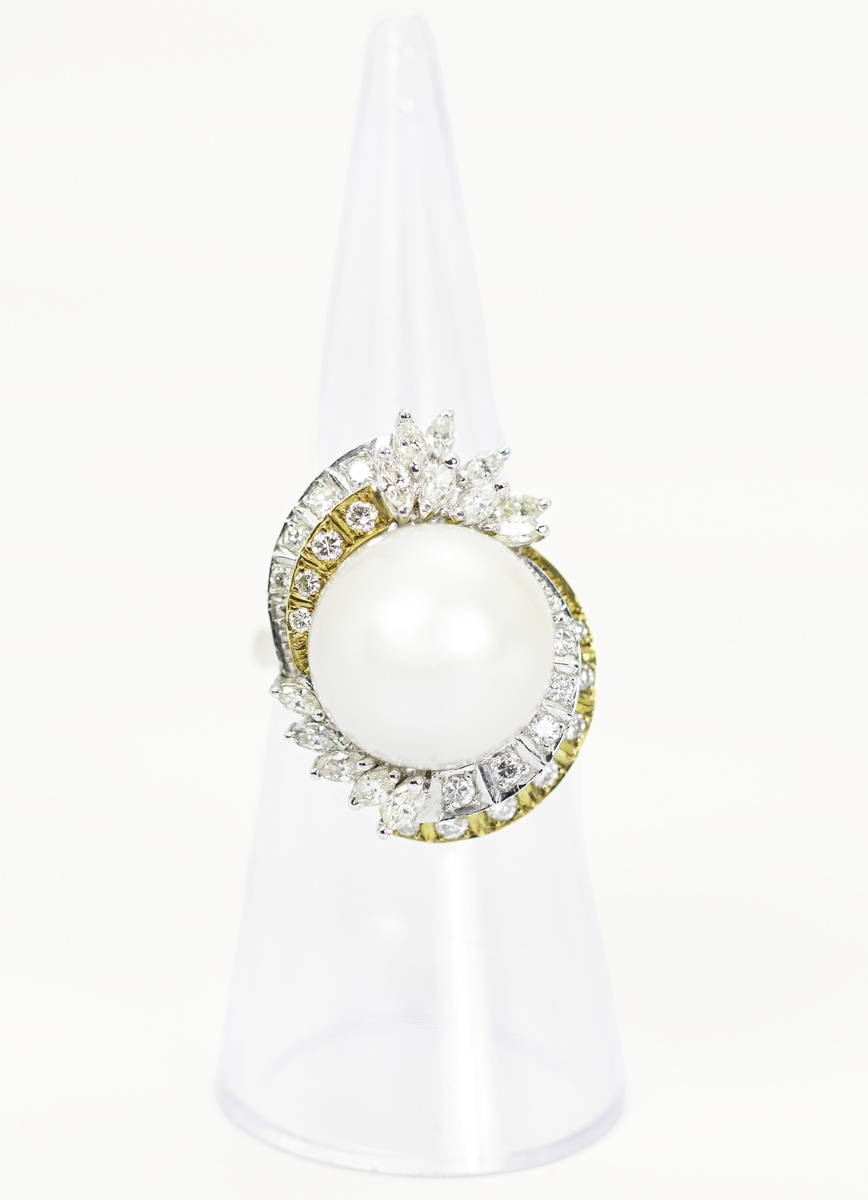 Pearl and Diamond Cocktail Ring. Large 14.2mm pearl surrounded by 32 ...