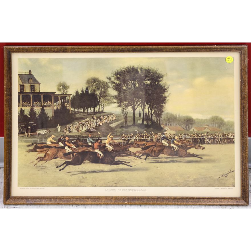 Vintage Horse Racing Art Print Framed 16''x25''