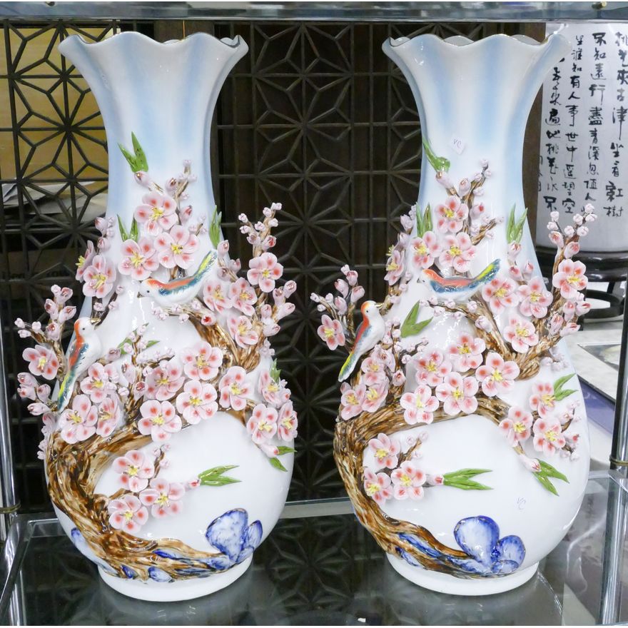 Pair Chinese Applied Prunus Branch Vases 20''