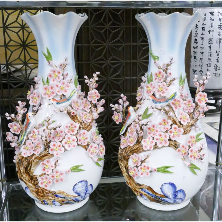 Pair Chinese Applied Prunus Branch Vases 20''
