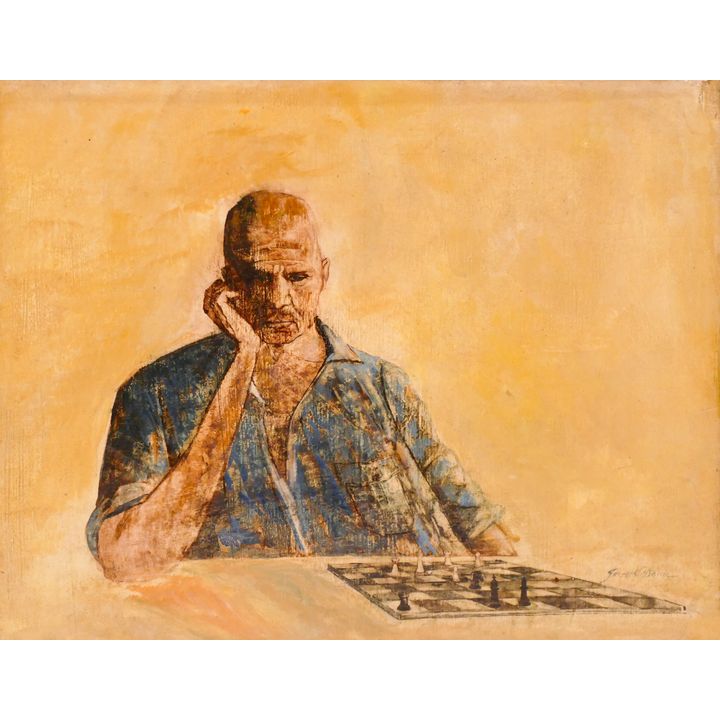 Joseph Dena 'Meditative Chess Player'  Oil Painting Framed- 14x17''
