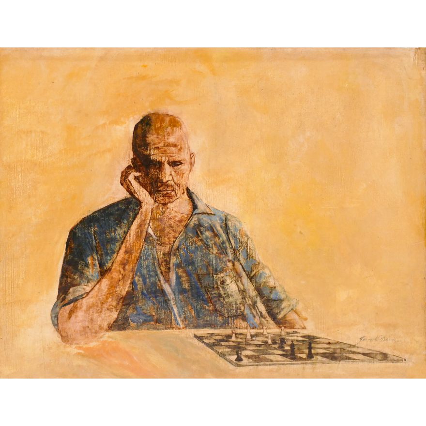 Joseph Dena 'Meditative Chess Player'  Oil Painting Framed- 14x17''