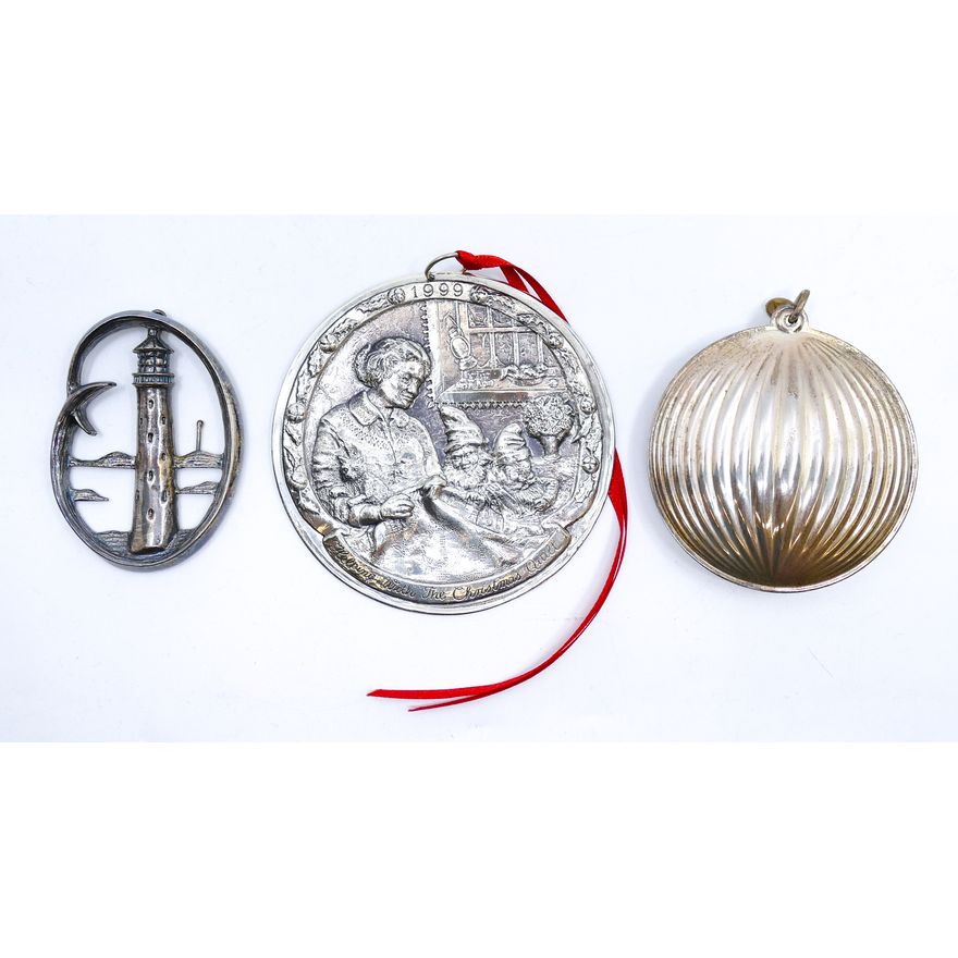 3pc Vintage Sterling Christmas Ornaments 3'' to 4''