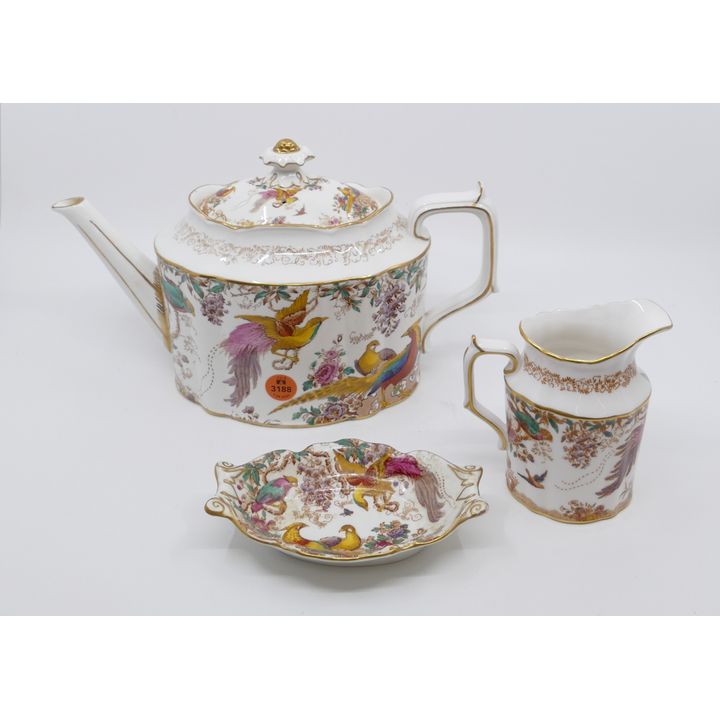 3pc Royal Crown Derby 'Olde Avesbury' Teapot, Creamer, and Small Dish