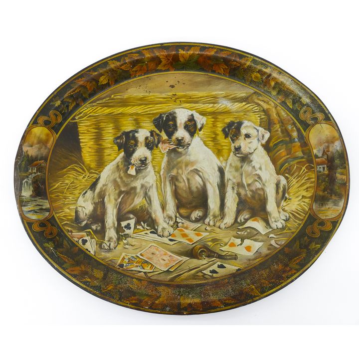 Antique Dogs Playing Poker Tin Litho Tray- 16.5''