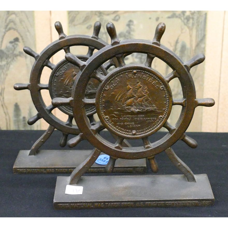 Pair Old Ironsides Bronze Ship's Wheel Bookends 6.5''