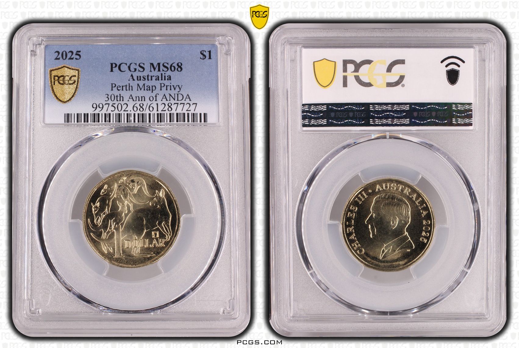 433 · Perth Map Privy 30th Ann of ANDA, POP 5/0, One Dollar, 2025, PCGS MS68
