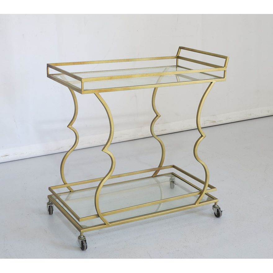 GILT METAL GLASS-TOP TWO TIER TROLLEY