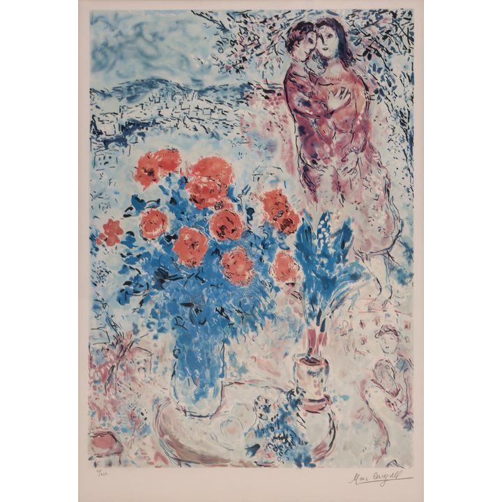 Marc Chagall ''Lovers with Flower Bouquet'' Numbered Lithograph