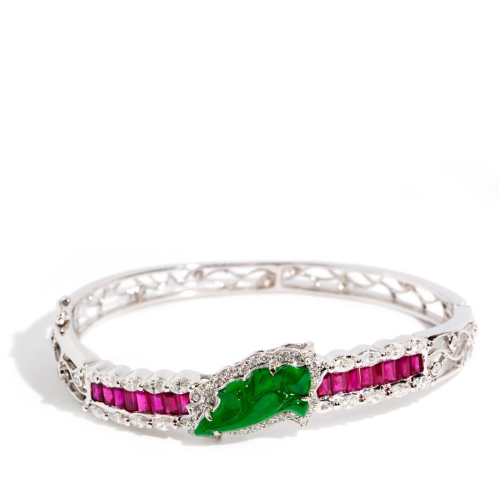 Diamond, Ruby & Jade 18 Carat Gold Bangle