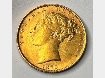 1870 VICTORIA #DIE 82 SHIELD GOLD SOVEREIGN