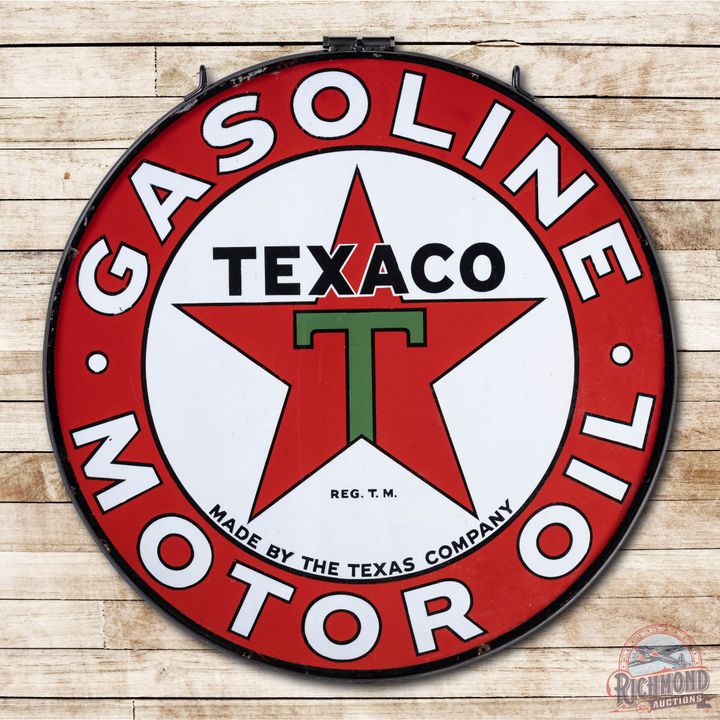 1935 42" Texaco Black T Gasoline Motor Oil Double Sided Porcelain Sign & Ring