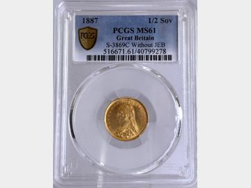 RARITY 2 / 1887 VICTORIA JUBILEE LONDON MINT GOLD HALF SOVEREIGN MS61 (NO JEB)