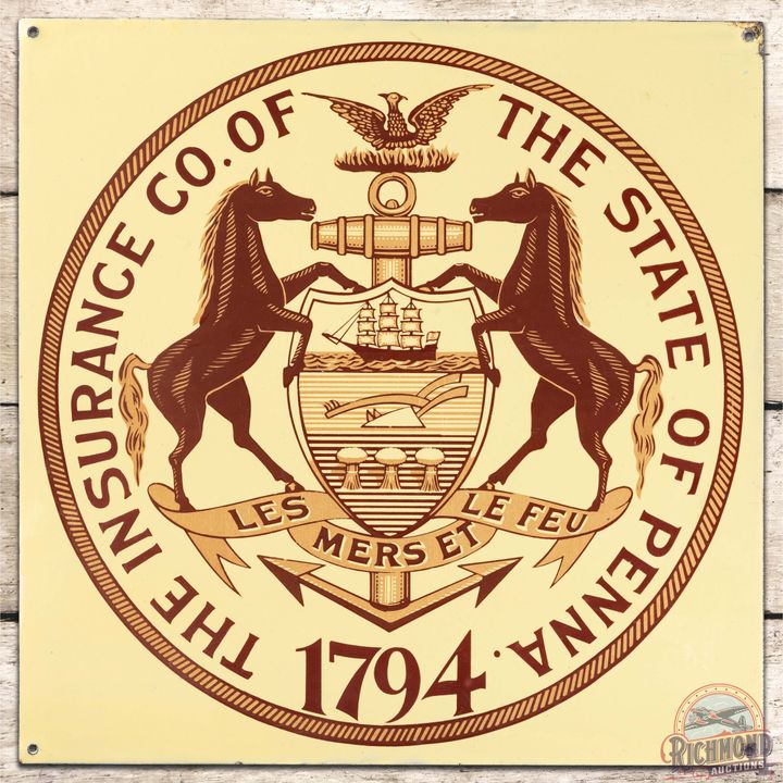 The Insurance Co of The State of Penna 1794 SS Porcelain Sign w/ Horses