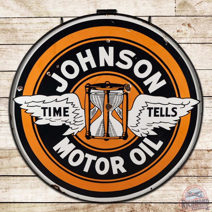 Johnson Ethyl Gasolene "Time Tells" 48" Double Sided Porcelain Logo Sign w/ Ring