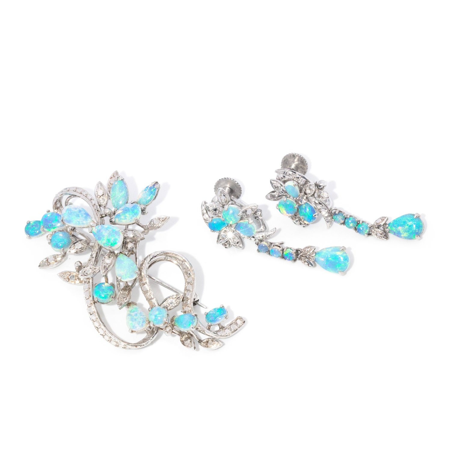 Opal & Diamond Brooch & Earrings Set in 9ct Gold