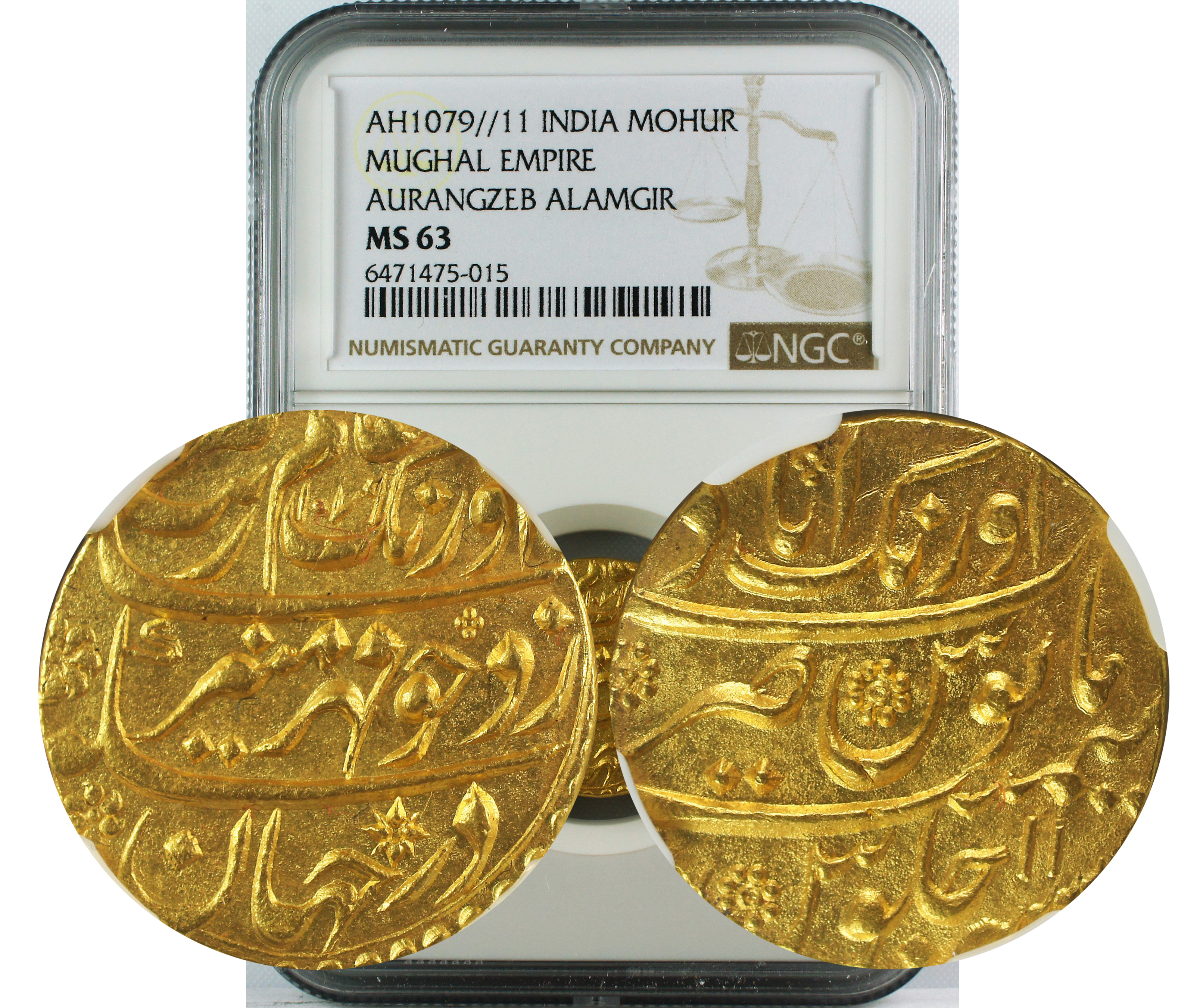 AH 1079//11 INDIA GOLD MOHUR MUGHAL-AURANGZEB ALAMGIR MS63
