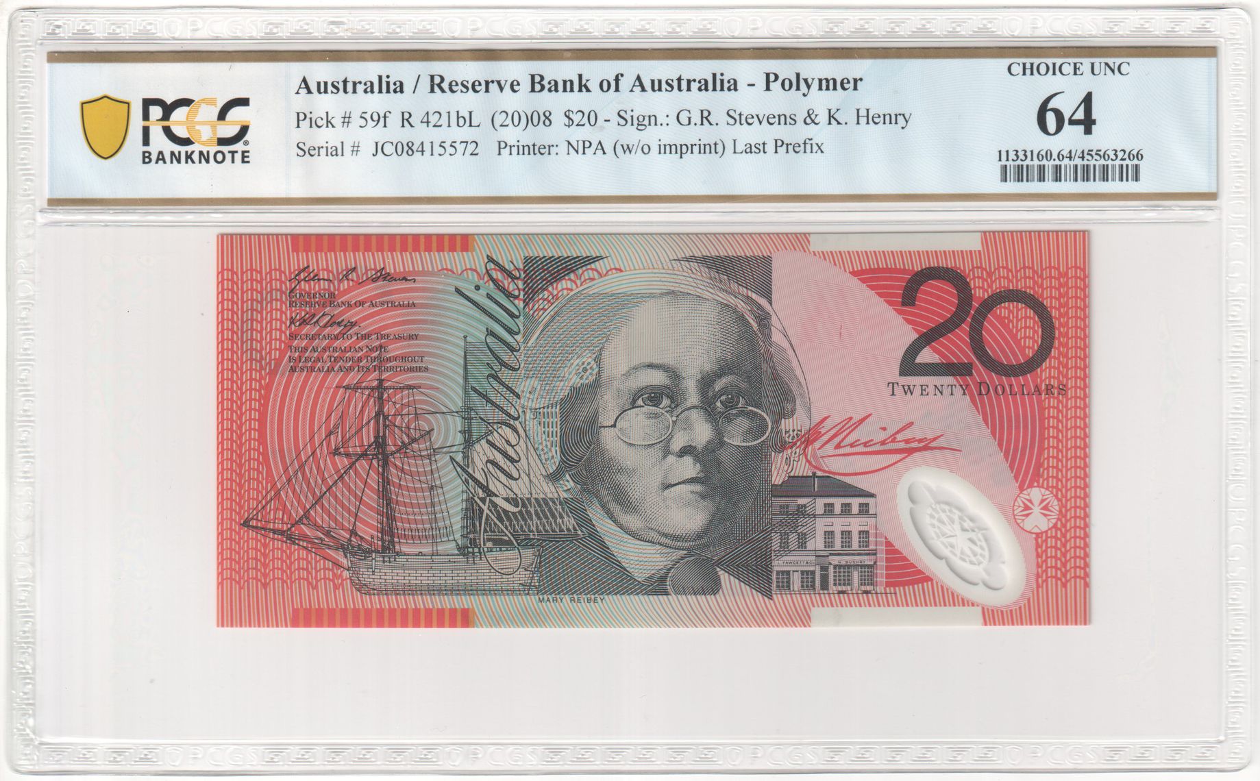 109 · R. 421bL, RBA, Polymer, NPA (w/o imprint), Sign.: G.R. Stevens & K. Henry, Last Prefix, Twenty Dollar, 2008, PCGS - Choice UNC 64