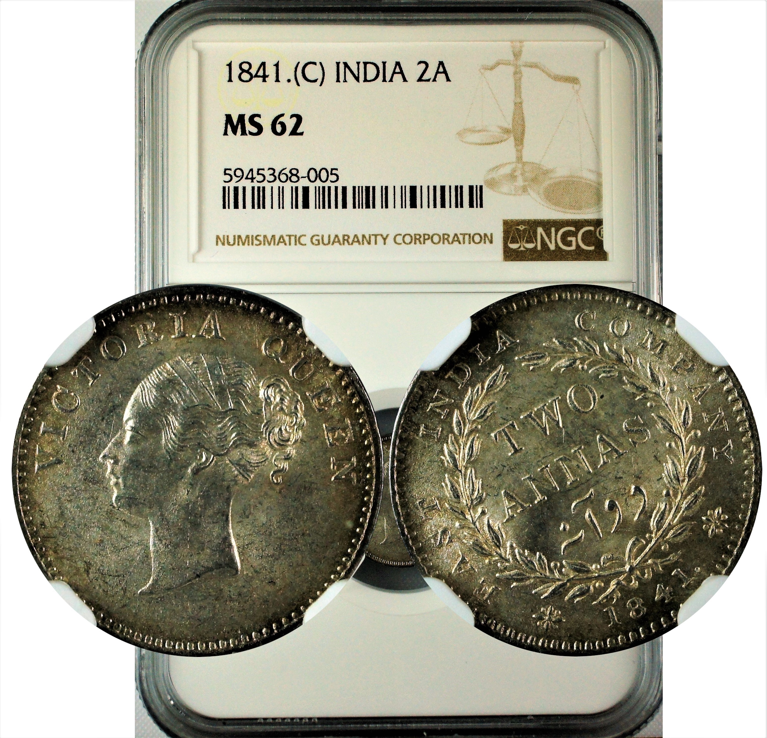 India 1841 C 2 Anna Continuous Legend NGC MS62