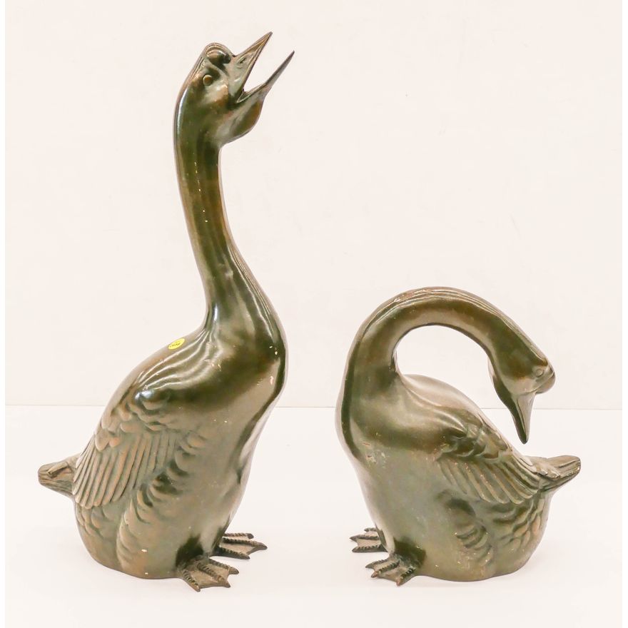 Pair Large Chinese Metal Geese Statues- 13-23''
