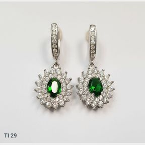 STERLING SILVER DROP EARRINGS GREEN CENTER WITH CUBICS - 50692/283