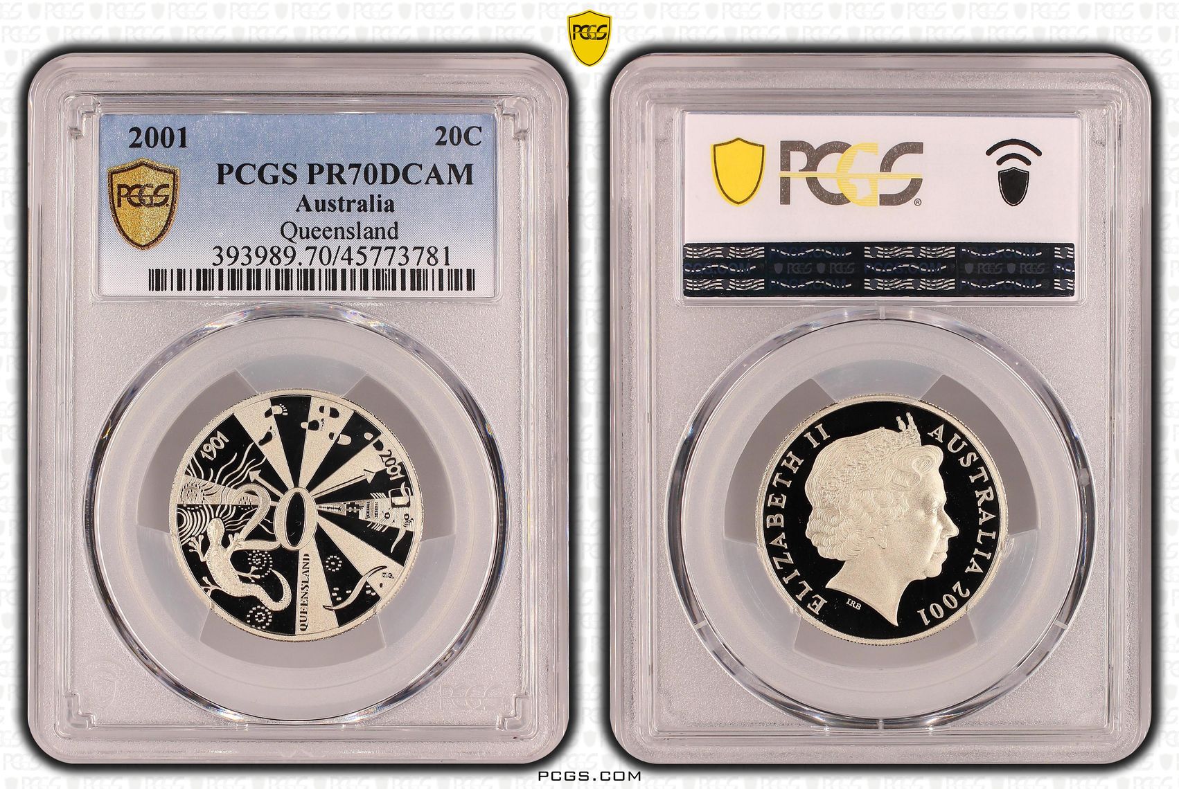Queensland, Top pop, Twenty Cent, 2001, PCGS PR70DCAM