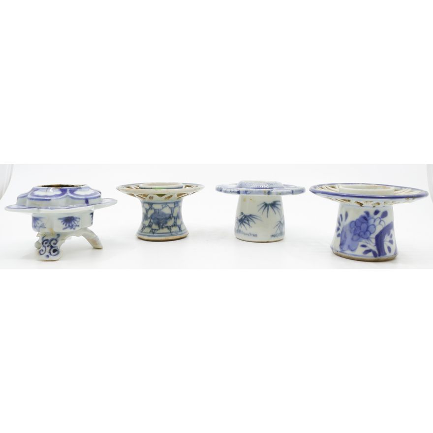 4pc Antique Japanese B&W Porcelain Cup Stands 2.5''