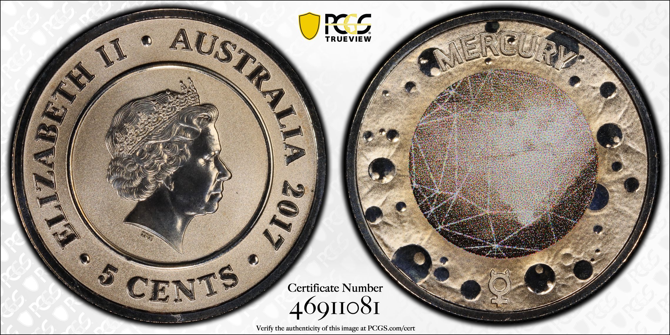 Planetary Coins Mercury, Five Cent, 2017, PCGS MS 70
